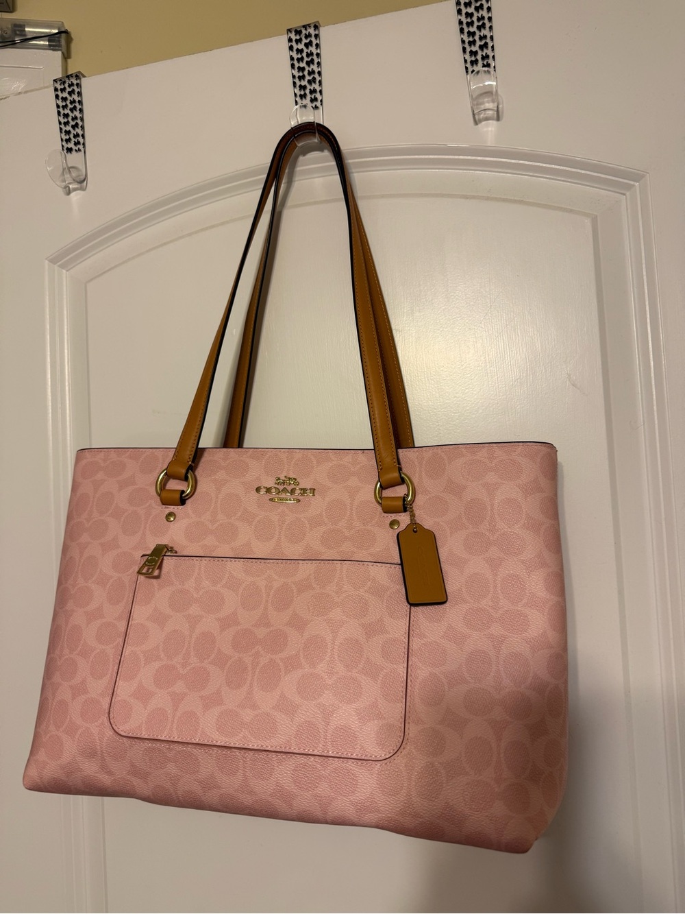 Coach Pink Signature Tote with Tan Leather Handles